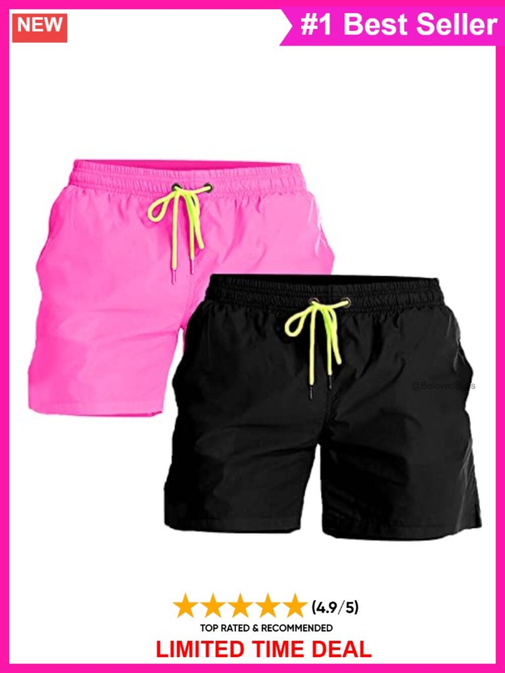 Men's Quick Dry Swim Trunks 5" Inseam Mesh Lined Beach Shorts 2 Pack